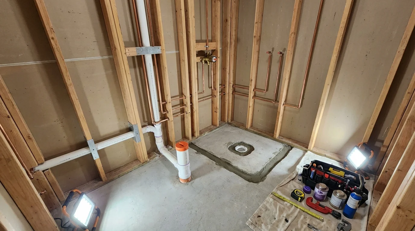 Bathroom rough-in plumbing during remodel by Johns Plumbing LLC in Osawatomie