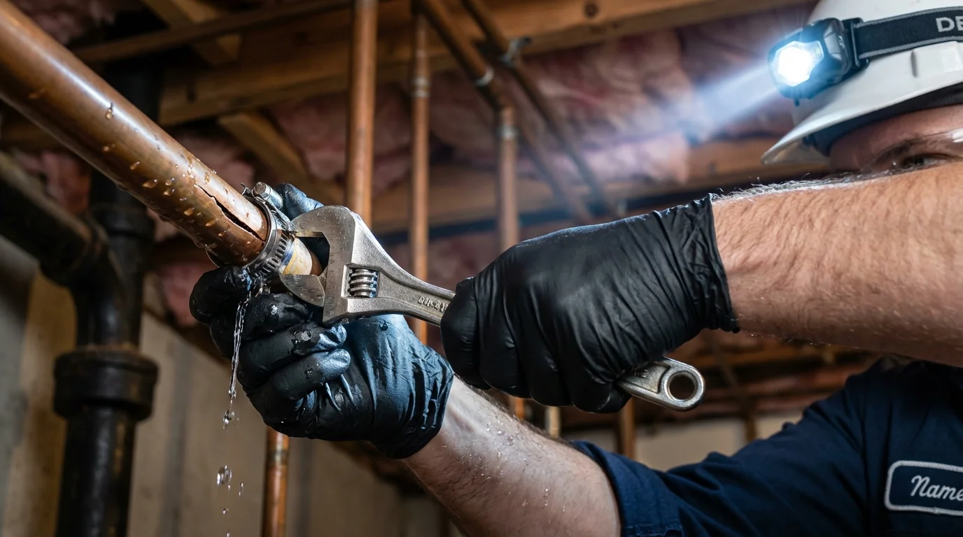 Emergency pipe clamp repair being performed by a Johns Plumbing LLC plumber in Osawatomie