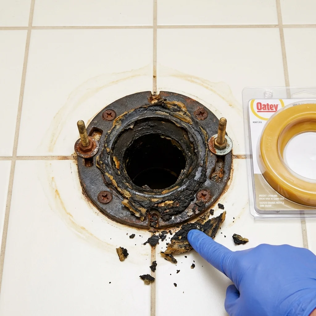 Failed wax ring showing water seepage at the base of a toilet in a Osawatomie, KS home