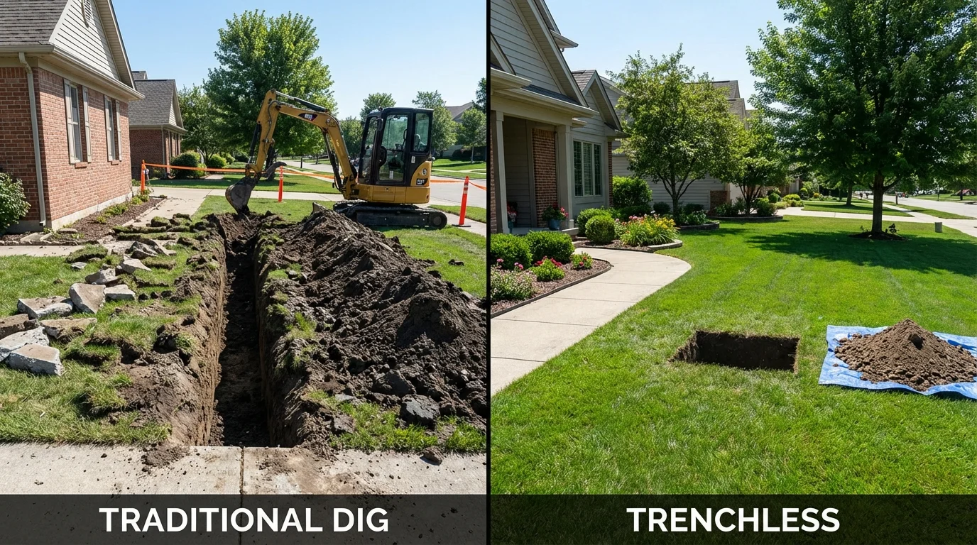 Trenchless sewer repair with minimal yard damage versus traditional excavation in Osawatomie, KS