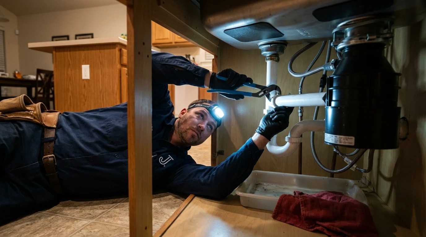 P-trap and supply line connections under a kitchen sink showing a common leak point in Osawatomie, KS